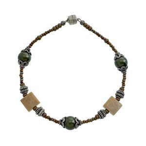 Silver Tone Black Pearl Bead Magnet Clasp Bracelet 7.5"